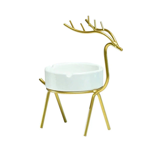 White ceramic ashtray with gold reindeer metal stand