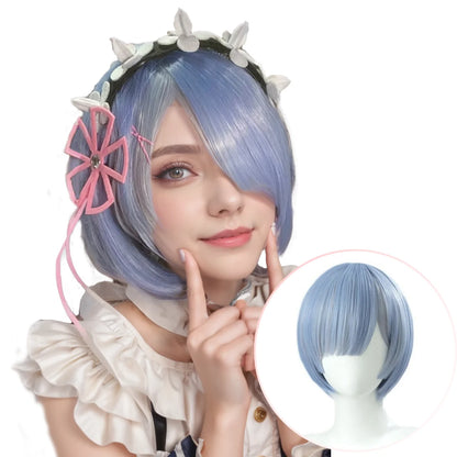 Styled light blue bob wig inspired by Rem from Re:Zero