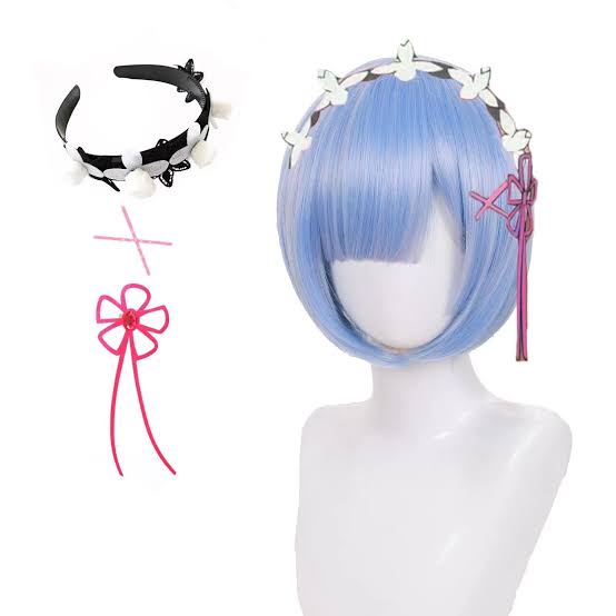 Blue Rem cosplay wig with decorative headband and pink hair ornaments