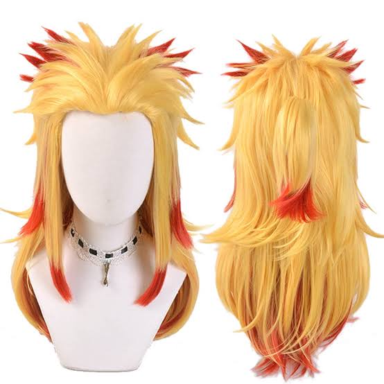 Yellow blonde cosplay wig with red flame tips front and back views