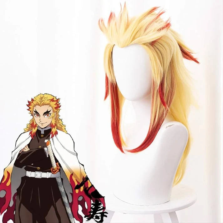 Kyojuro Rengoku inspired yellow blonde cosplay wig with red flame-like tips
