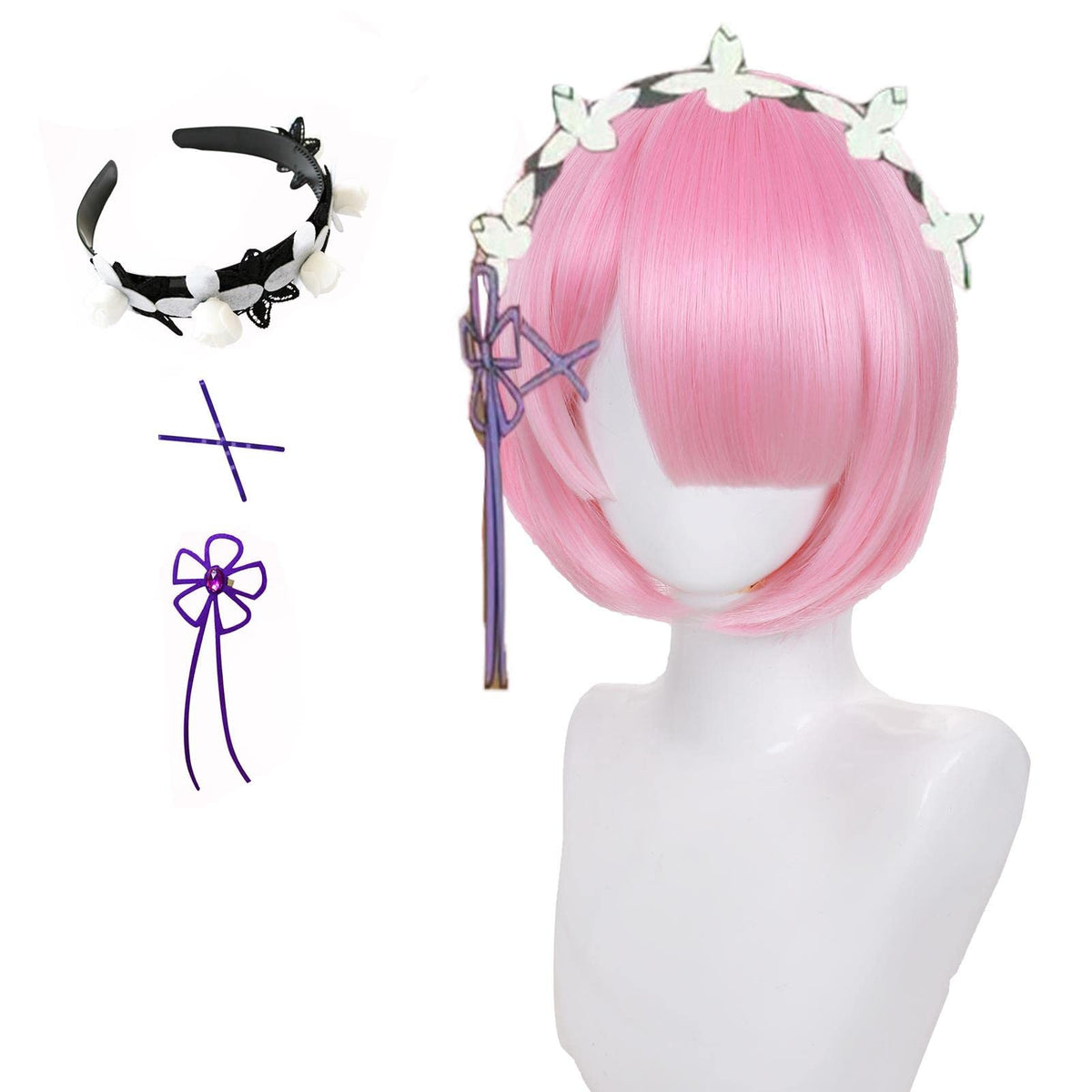Ram from Re:Zero inspired pink bob cosplay wig with white floral headband