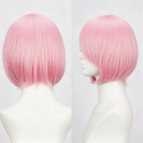 Back and side views of pink Ram-inspired cosplay bob wig