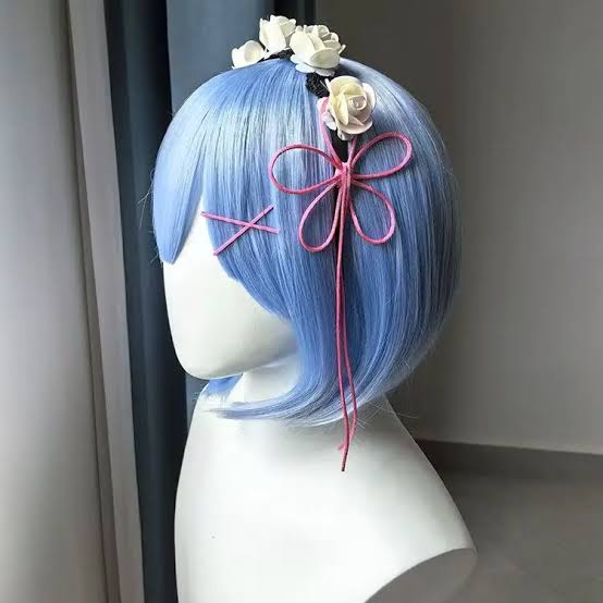Rem from Re:Zero inspired blue bob cosplay wig with pink hair accessories and white floral headband