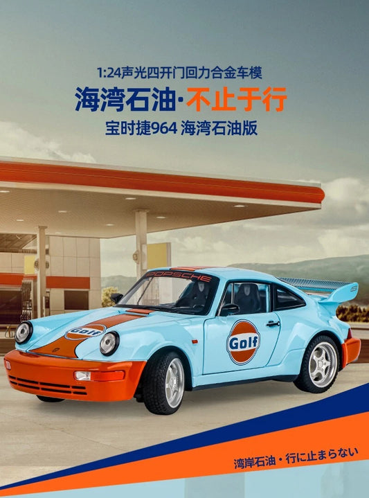 1:24 Porsche 964 Gulf Racing Die-Cast Model Car – Alloy Sports Car with Opening Parts, Lights & Sound