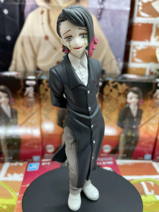 Anime Male Figure – Black Long Coat Character Statue with Striped Trousers & Display Base