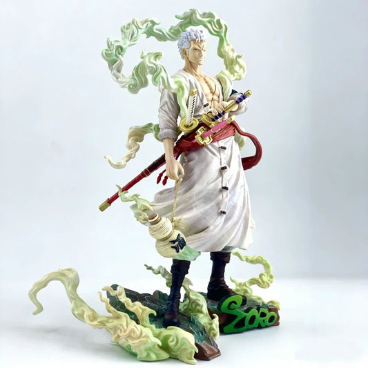 One Piece Zoro White Robe Statue – Roronoa Zoro 3 Sword Style with Green Smoke Effects