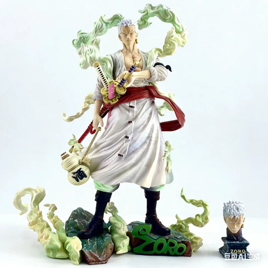 One Piece Zoro White Robe Statue – Roronoa Zoro 3 Sword Style with Green Smoke Effects