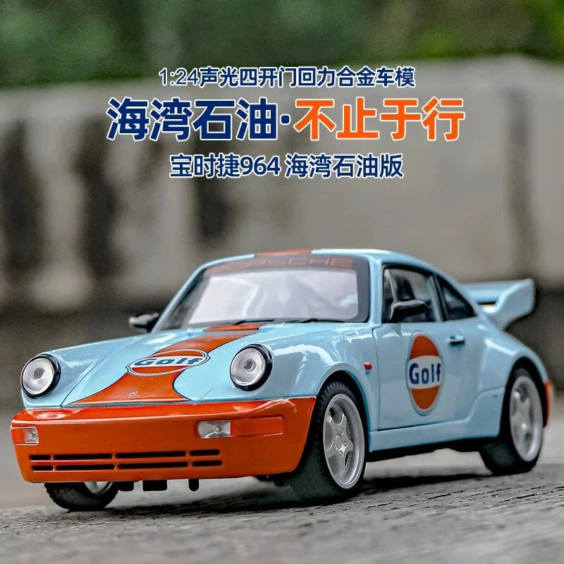 1:24 Porsche 964 Gulf Racing Die-Cast Model Car – Alloy Sports Car with Opening Parts, Lights & Sound