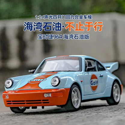 1:24 Porsche 964 Gulf Racing Die-Cast Model Car – Alloy Sports Car with Opening Parts, Lights & Sound