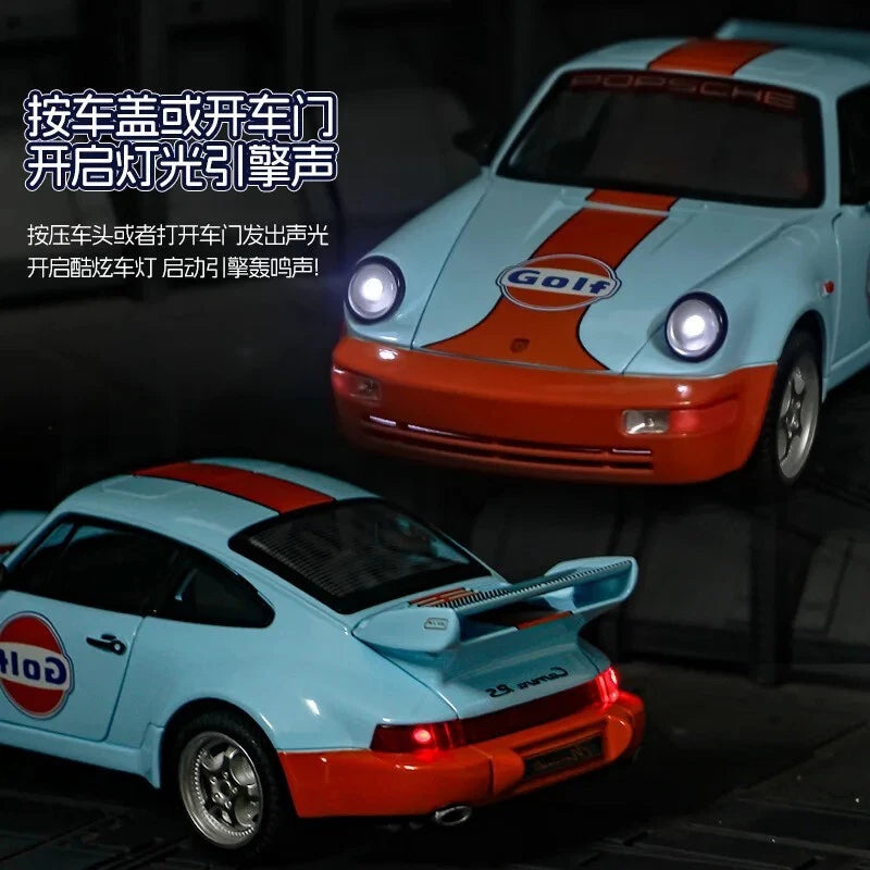 1:24 Porsche 964 Gulf Racing Die-Cast Model Car – Alloy Sports Car with Opening Parts, Lights & Sound