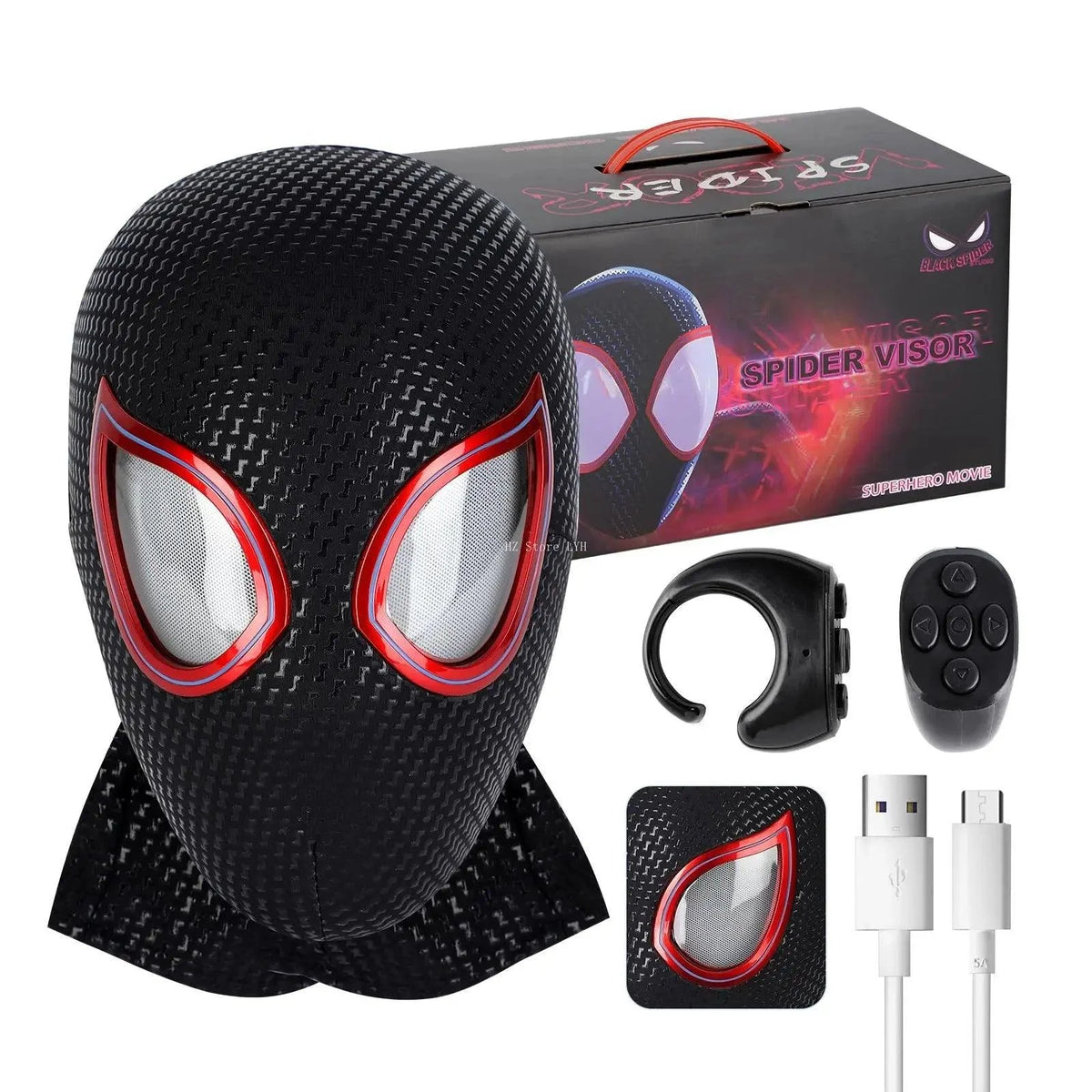 Black Spider-style cosplay mask with red eye frames, LED eyes, remote control and USB charging cable