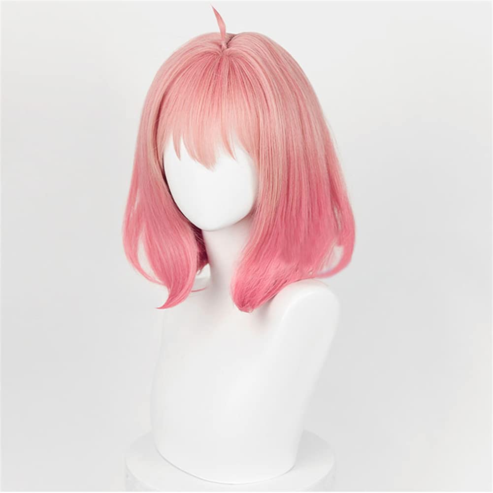 Anya Forger inspired gradient pink bob cosplay wig with signature ahoge