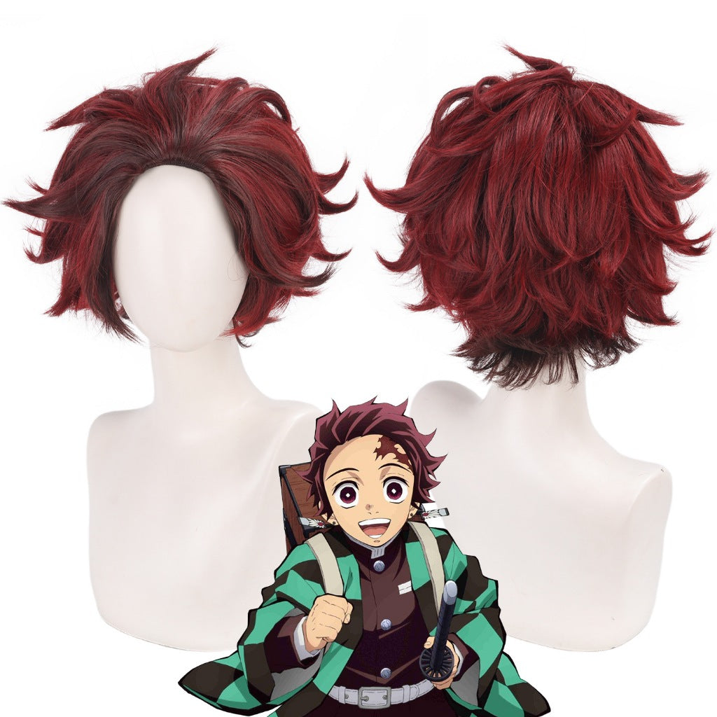 Tanjiro Kamado inspired burgundy and black spiky cosplay wig, front and back views