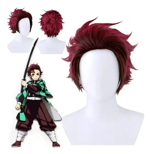 Burgundy red and black layered anime cosplay wig shown on mannequin
