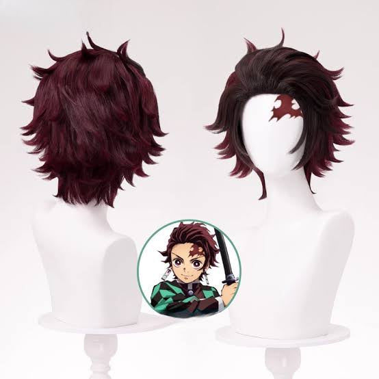 Burgundy and black spiky cosplay wig hairstyle detail