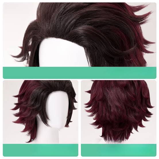 Tanjiro inspired burgundy and black cosplay wig from side and back