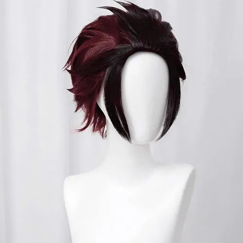 Burgundy black anime cosplay wig styling on mannequin